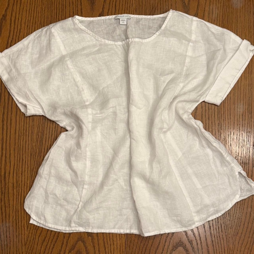 J. Jill white 100% linen blouse short cuffed sleeve relaxed fit coastal summer